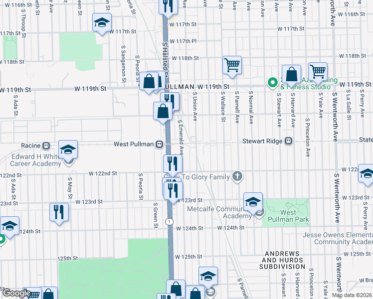 map of restaurants, bars, coffee shops, grocery stores, and more near 12045 South Emerald Avenue in Chicago