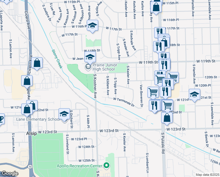 map of restaurants, bars, coffee shops, grocery stores, and more near 12009 South Kildare Avenue in Alsip