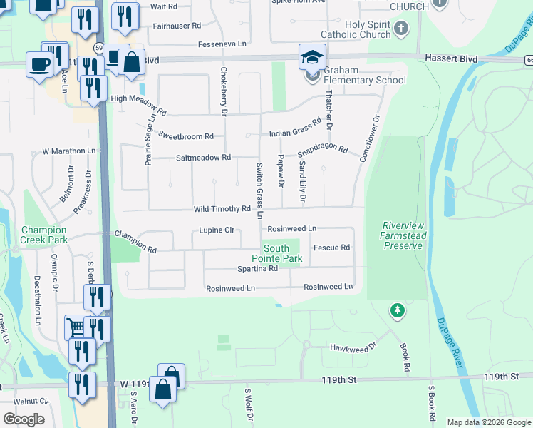map of restaurants, bars, coffee shops, grocery stores, and more near 5331 Papaw Drive in Naperville
