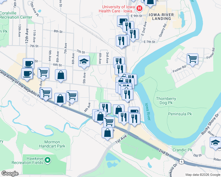 map of restaurants, bars, coffee shops, grocery stores, and more near 508 2nd Avenue in Coralville