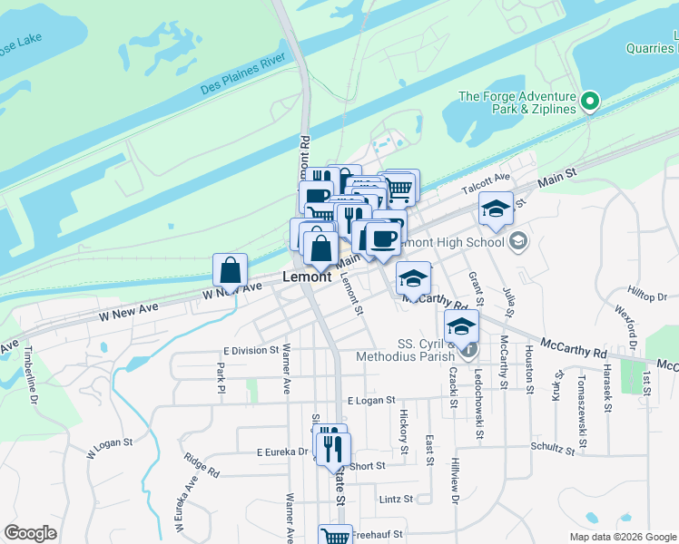 map of restaurants, bars, coffee shops, grocery stores, and more near 235 Canal Street in Lemont