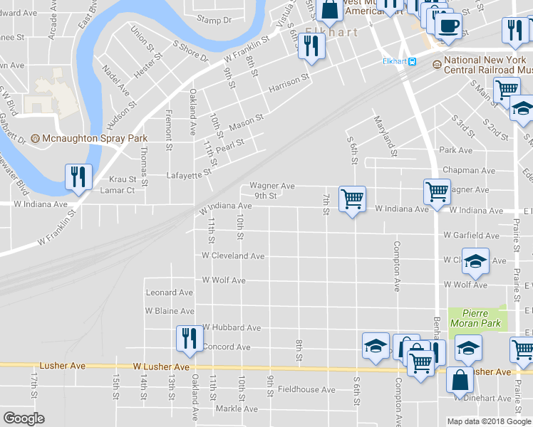 map of restaurants, bars, coffee shops, grocery stores, and more near 901 West Indiana Avenue in Elkhart