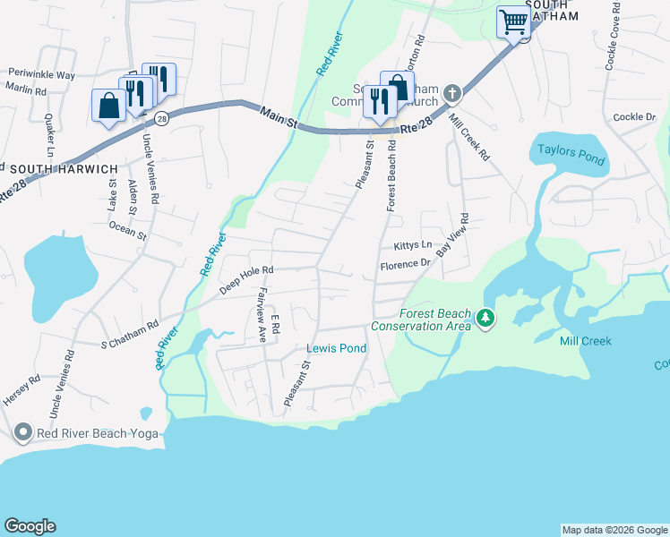map of restaurants, bars, coffee shops, grocery stores, and more near 23 Aunt Deborahs Lane in Chatham
