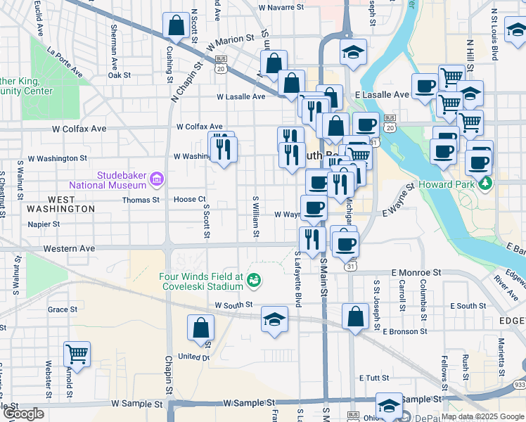 map of restaurants, bars, coffee shops, grocery stores, and more near 415 West Wayne Street in South Bend