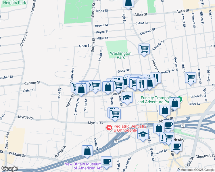 map of restaurants, bars, coffee shops, grocery stores, and more near 94 Silver Street in New Britain