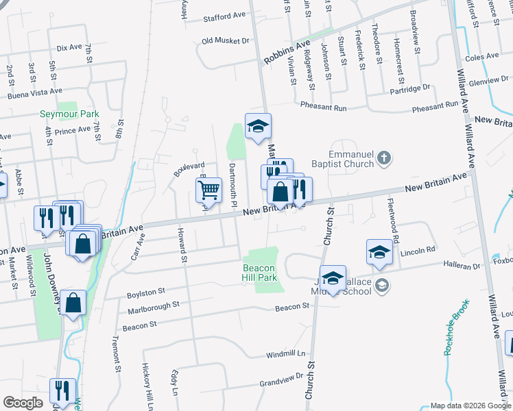 map of restaurants, bars, coffee shops, grocery stores, and more near 482 New Britain Avenue in Newington