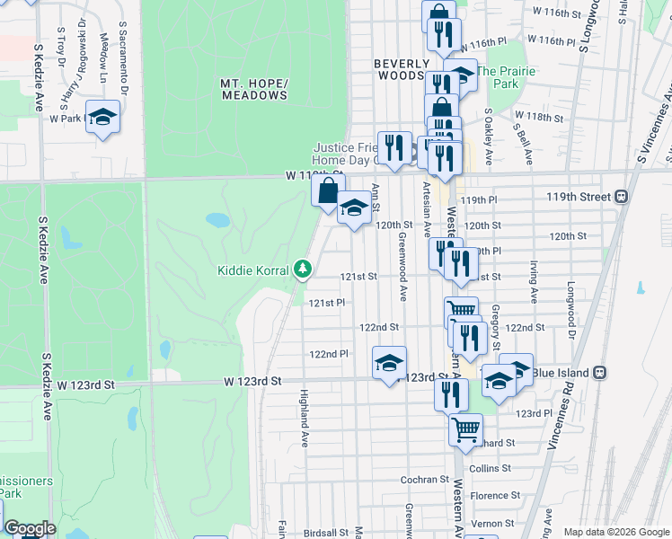 map of restaurants, bars, coffee shops, grocery stores, and more near 12026 Elm Drive in Blue Island