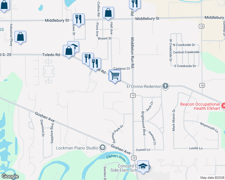 map of restaurants, bars, coffee shops, grocery stores, and more near 23672 Old U.S. 20 in Elkhart