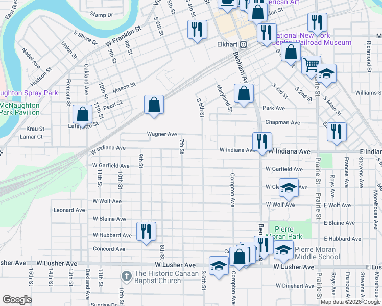 map of restaurants, bars, coffee shops, grocery stores, and more near in Elkhart