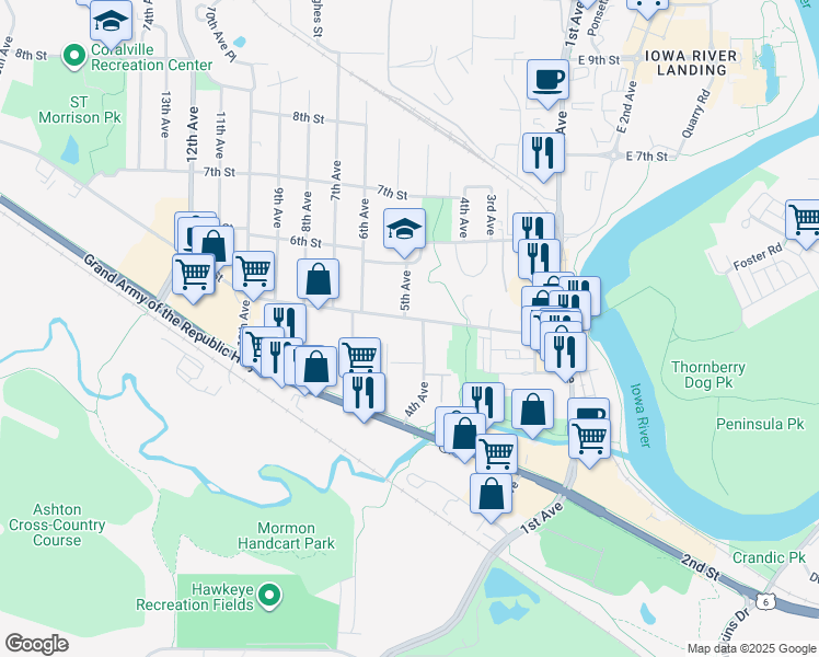 map of restaurants, bars, coffee shops, grocery stores, and more near 423 5th Avenue in Coralville