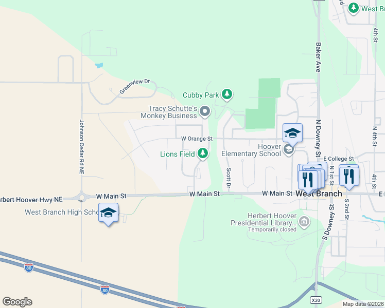 map of restaurants, bars, coffee shops, grocery stores, and more near 186 Hilltop Drive in West Branch