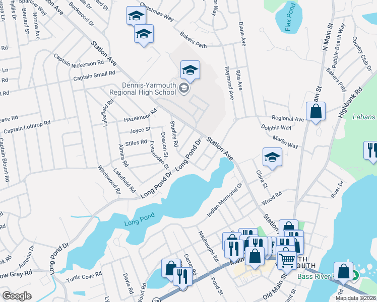 map of restaurants, bars, coffee shops, grocery stores, and more near 16 Oliver Street in Yarmouth