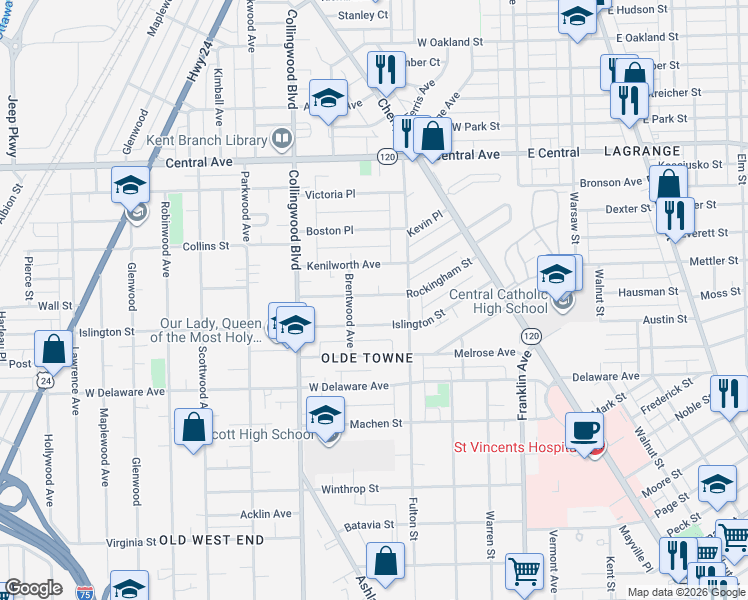 map of restaurants, bars, coffee shops, grocery stores, and more near 339 Rockingham Street in Toledo