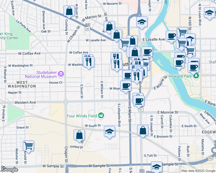map of restaurants, bars, coffee shops, grocery stores, and more near 405 West Wayne Street in South Bend
