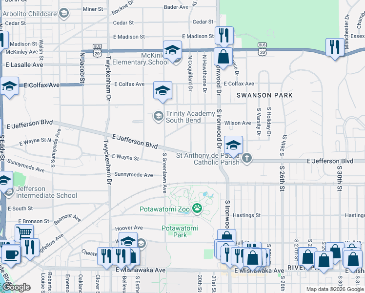 map of restaurants, bars, coffee shops, grocery stores, and more near 201-399 South Coquillard Drive in South Bend