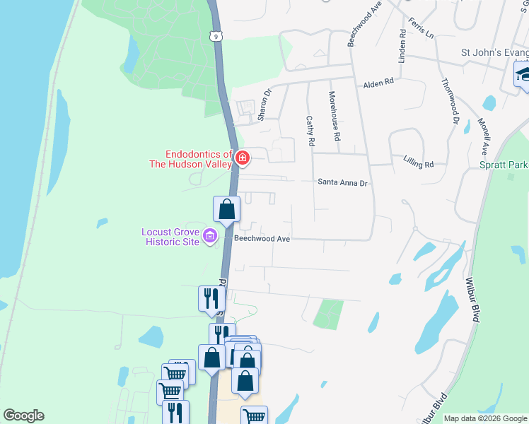 map of restaurants, bars, coffee shops, grocery stores, and more near 2710 South Road in Poughkeepsie