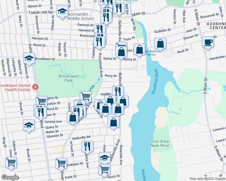 map of restaurants, bars, coffee shops, grocery stores, and more near 32 Kearsarge Street in New Bedford