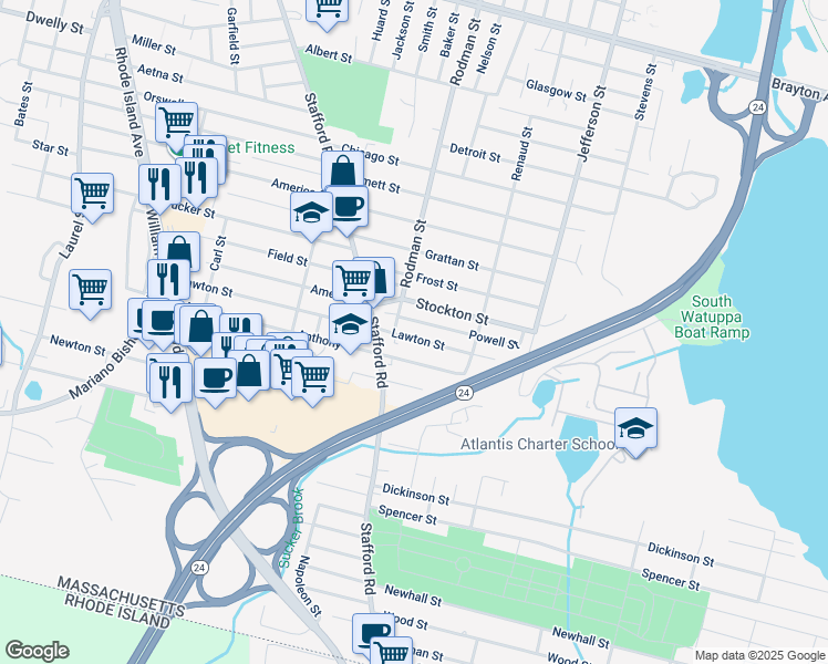 map of restaurants, bars, coffee shops, grocery stores, and more near 2076 Rodman Street in Fall River