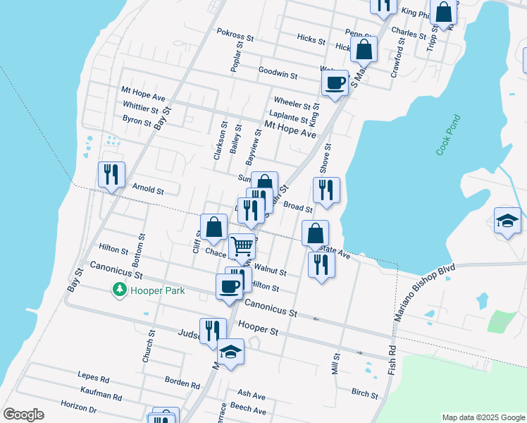 map of restaurants, bars, coffee shops, grocery stores, and more near 2573 South Main Street in Fall River