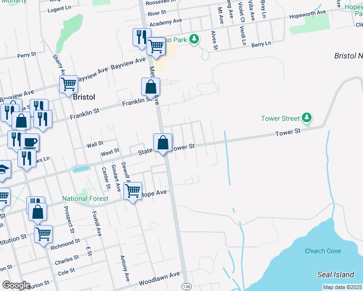 map of restaurants, bars, coffee shops, grocery stores, and more near 17 Hilltop Street in Bristol
