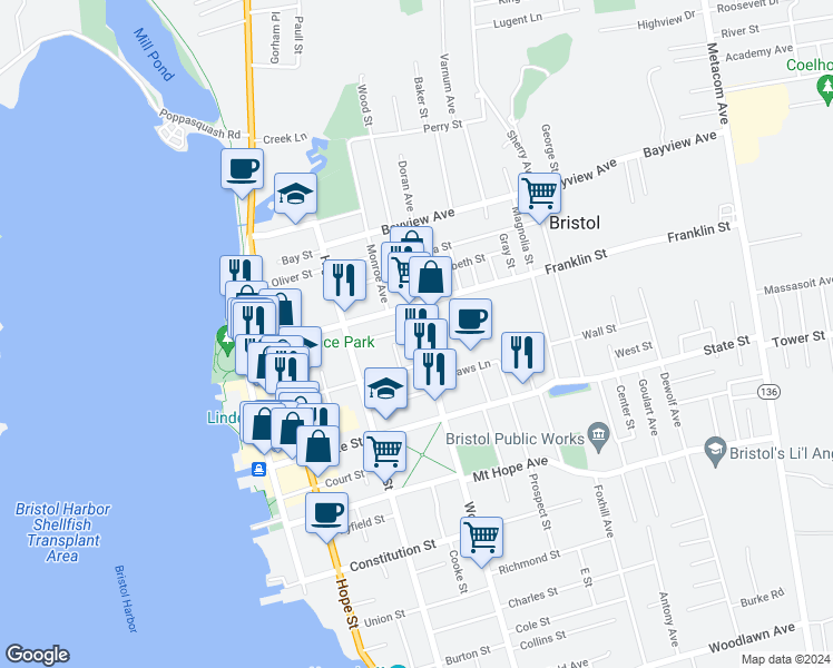 map of restaurants, bars, coffee shops, grocery stores, and more near 529 Wood Street in Bristol