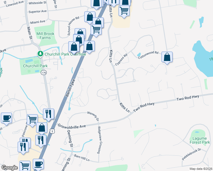 map of restaurants, bars, coffee shops, grocery stores, and more near 31 Woodsedge Drive in Newington