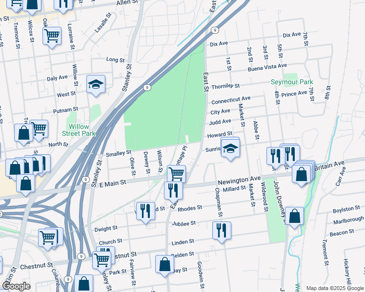 map of restaurants, bars, coffee shops, grocery stores, and more near 240 Smalley Street in New Britain