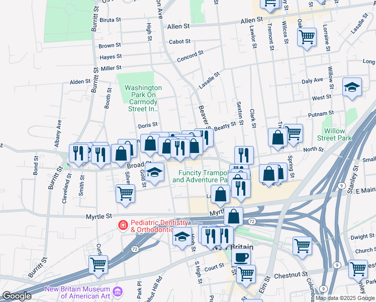 map of restaurants, bars, coffee shops, grocery stores, and more near 241 High Street in New Britain