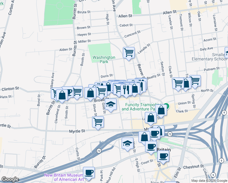 map of restaurants, bars, coffee shops, grocery stores, and more near 169 Grove Street in New Britain