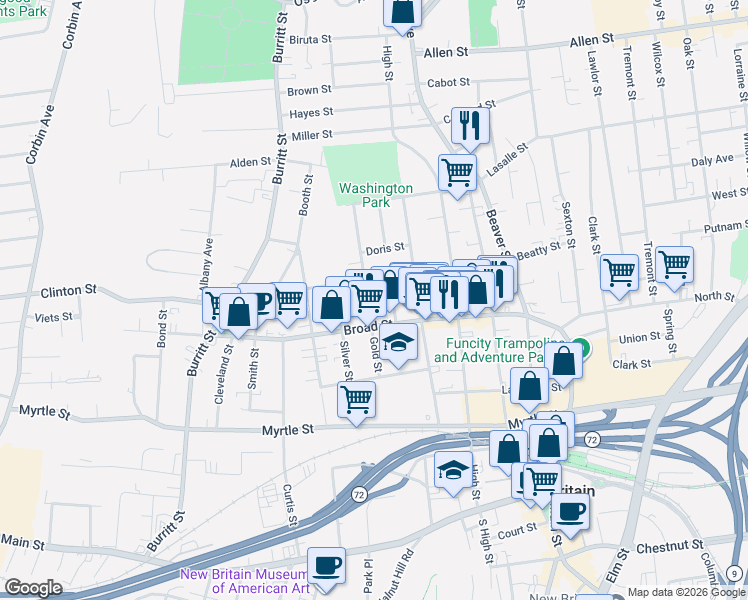 map of restaurants, bars, coffee shops, grocery stores, and more near 48 Horace Street in New Britain