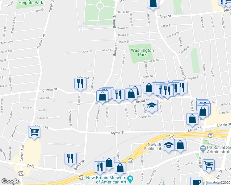 map of restaurants, bars, coffee shops, grocery stores, and more near 165 Smith Street in New Britain