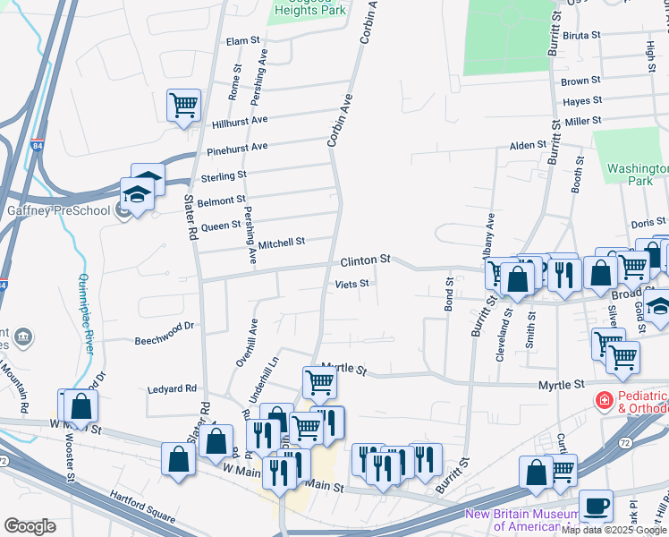 map of restaurants, bars, coffee shops, grocery stores, and more near 239 Clinton Street in New Britain