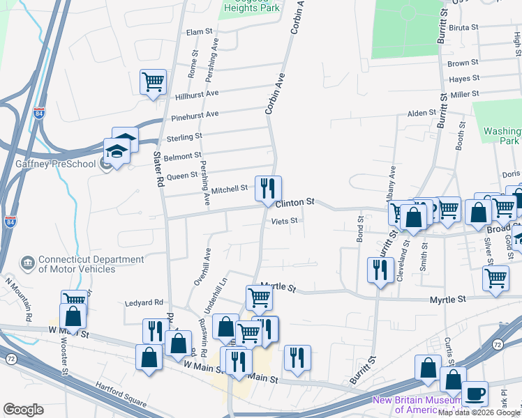 map of restaurants, bars, coffee shops, grocery stores, and more near 32 Mitchell Street in New Britain
