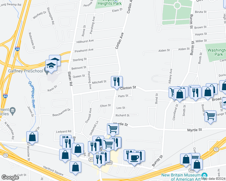 map of restaurants, bars, coffee shops, grocery stores, and more near 32 Mitchell Street in New Britain