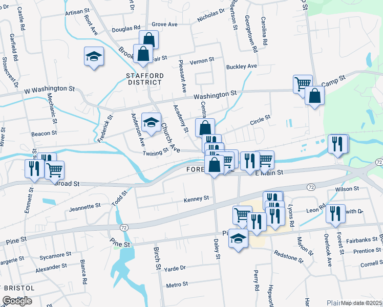 map of restaurants, bars, coffee shops, grocery stores, and more near 90 Church Avenue in Bristol