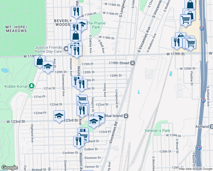 map of restaurants, bars, coffee shops, grocery stores, and more near 2219 120th Place in Blue Island