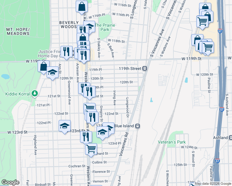 map of restaurants, bars, coffee shops, grocery stores, and more near 2219 120th Place in Blue Island