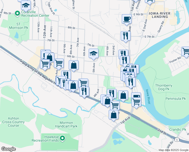 map of restaurants, bars, coffee shops, grocery stores, and more near 423 5th Avenue in Coralville