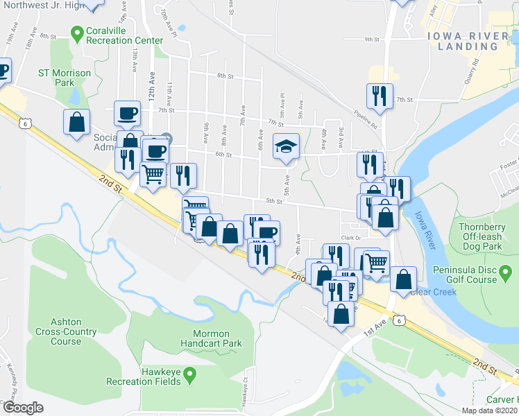 map of restaurants, bars, coffee shops, grocery stores, and more near 513 5th Street in Coralville
