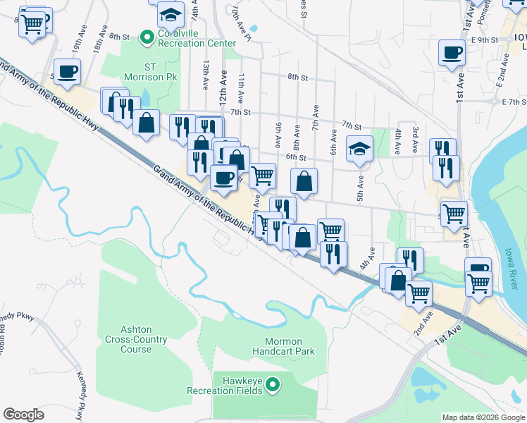 map of restaurants, bars, coffee shops, grocery stores, and more near 423 10th Avenue in Coralville