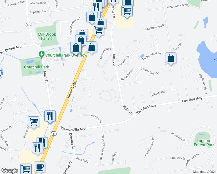 map of restaurants, bars, coffee shops, grocery stores, and more near 31 Woodsedge Drive in Newington
