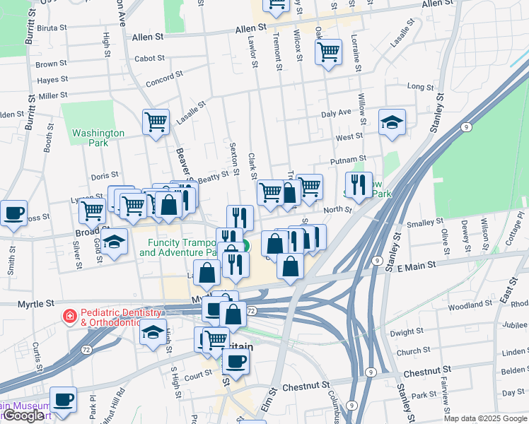 map of restaurants, bars, coffee shops, grocery stores, and more near 100 Clark Street in New Britain