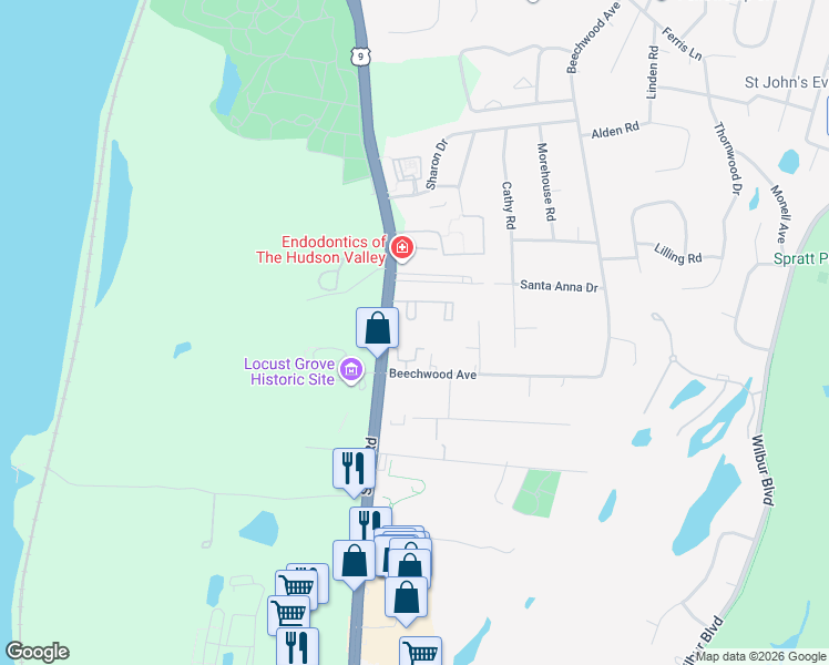 map of restaurants, bars, coffee shops, grocery stores, and more near 2710 U.S. 9 in Poughkeepsie