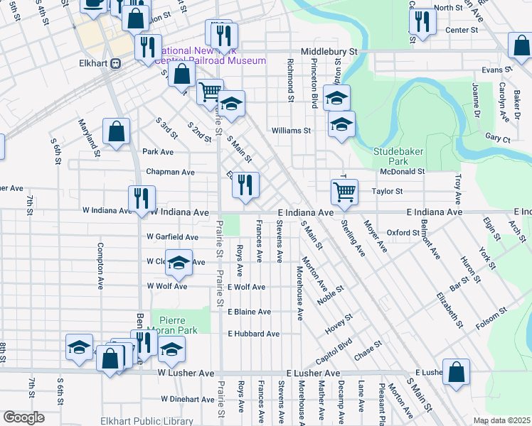 map of restaurants, bars, coffee shops, grocery stores, and more near 300 May Street in Elkhart