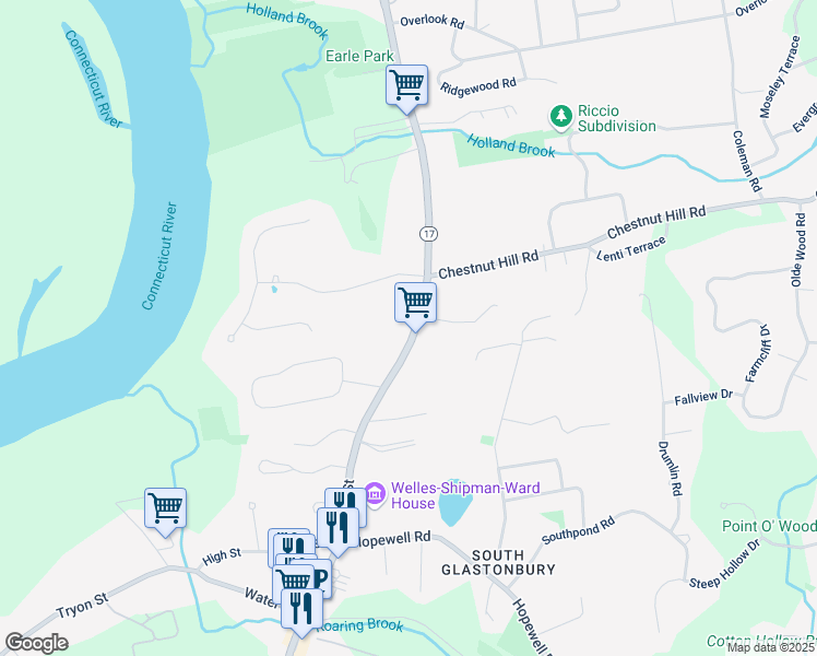 map of restaurants, bars, coffee shops, grocery stores, and more near 1123 Main Street in Glastonbury
