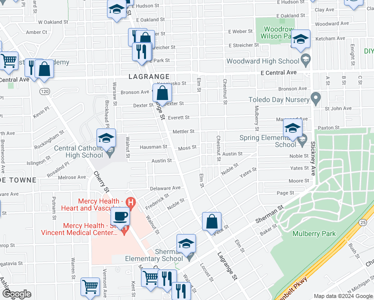 map of restaurants, bars, coffee shops, grocery stores, and more near 330 Moss Street in Toledo
