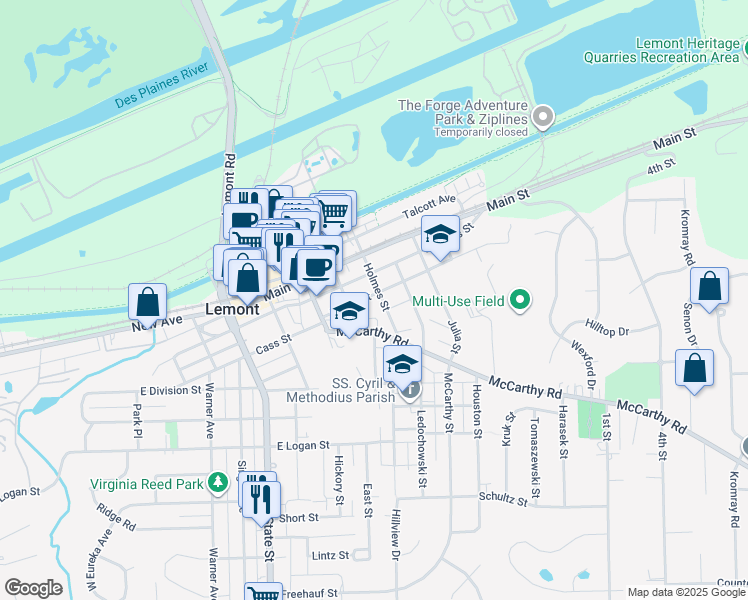 map of restaurants, bars, coffee shops, grocery stores, and more near 512 Porter Street in Lemont