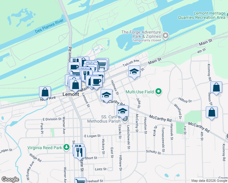 map of restaurants, bars, coffee shops, grocery stores, and more near 508 East Illinois Street in Lemont