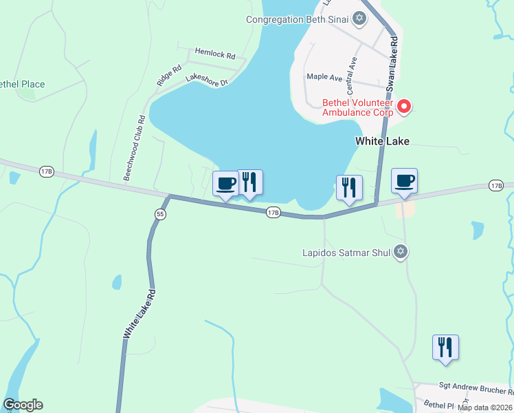 map of restaurants, bars, coffee shops, grocery stores, and more near 1514 New York 17B in White Lake