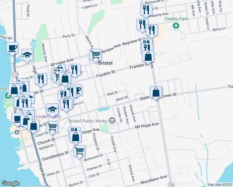 map of restaurants, bars, coffee shops, grocery stores, and more near 28 Wall Street in Bristol